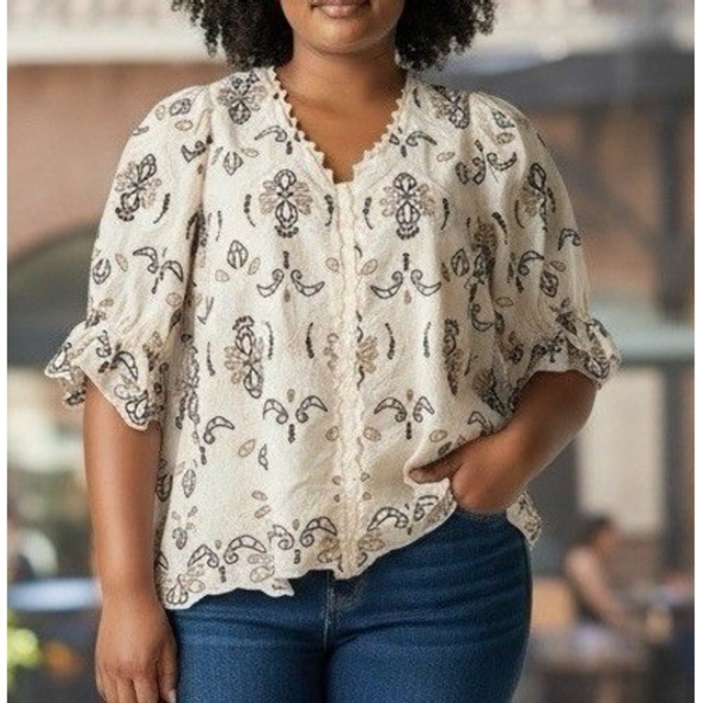 Cato Womens Top 18W Ivory Beige Embroidered Gauzy Boho Hippie Peasant Beachy